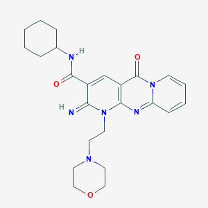 molecular formula C24H30N6O3 B2537027 N-cyclohexyl-6-imino-7-[2-(morpholin-4-yl)ethyl]-2-oxo-1,7,9-triazatricyclo[8.4.0.0^{3,8}]tetradeca-3(8),4,9,11,13-pentaene-5-carboxamide CAS No. 683806-96-4
