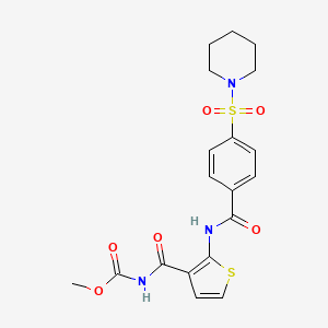 molecular formula C19H21N3O6S2 B2537055 Methyl (2-(4-(piperidin-1-ylsulfonyl)benzamido)thiophene-3-carbonyl)carbamate CAS No. 864941-24-2