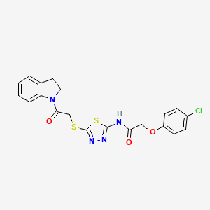 molecular formula C20H17ClN4O3S2 B2537101 2-(4-chlorophenoxy)-N-(5-((2-(indolin-1-yl)-2-oxoethyl)thio)-1,3,4-thiadiazol-2-yl)acetamide CAS No. 392300-62-8