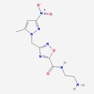 molecular formula C10H13N7O4 B2537151 N-(2-aminoethyl)-3-[(5-methyl-3-nitro-1H-pyrazol-1-yl)methyl]-1,2,4-oxadiazole-5-carboxamide CAS No. 1006992-29-5