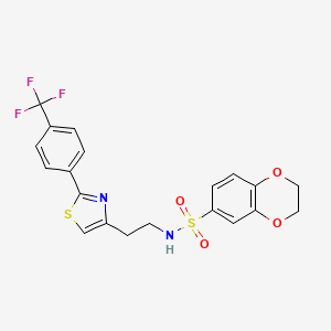 molecular formula C20H17F3N2O4S2 B2537180 N-(2-(2-(4-(trifluoromethyl)phenyl)thiazol-4-yl)ethyl)-2,3-dihydrobenzo[b][1,4]dioxine-6-sulfonamide CAS No. 896679-19-9
