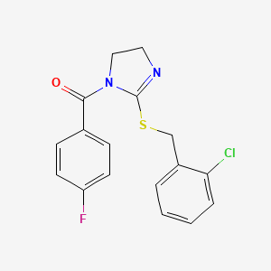 molecular formula C17H14ClFN2OS B2537237 (2-((2-chlorobenzyl)thio)-4,5-dihydro-1H-imidazol-1-yl)(4-fluorophenyl)methanone CAS No. 851804-03-0
