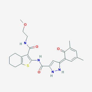 molecular formula C24H28N4O4S B253725 (5E)-5-(3,5-dimethyl-6-oxocyclohexa-2,4-dien-1-ylidene)-N-[3-(2-methoxyethylcarbamoyl)-4,5,6,7-tetrahydro-1-benzothiophen-2-yl]-1,2-dihydropyrazole-3-carboxamide 