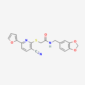 molecular formula C20H15N3O4S B2537254 N-[(2H-1,3-benzodioxol-5-yl)methyl]-2-{[3-cyano-6-(furan-2-yl)pyridin-2-yl]sulfanyl}acetamide CAS No. 878977-46-9