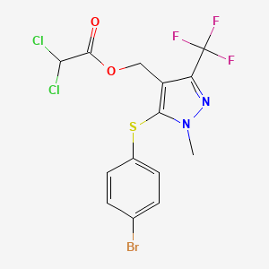 molecular formula C14H10BrCl2F3N2O2S B2537267 {5-[(4-bromophenyl)sulfanyl]-1-methyl-3-(trifluoromethyl)-1H-pyrazol-4-yl}methyl 2,2-dichloroacetate CAS No. 957010-41-2