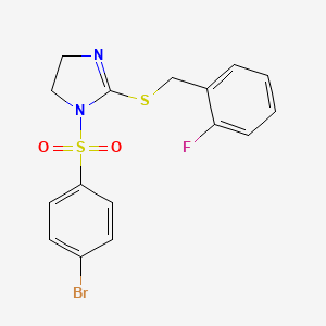 molecular formula C16H14BrFN2O2S2 B2537271 1-(4-Bromophenyl)sulfonyl-2-[(2-fluorophenyl)methylsulfanyl]-4,5-dihydroimidazole CAS No. 868218-51-3