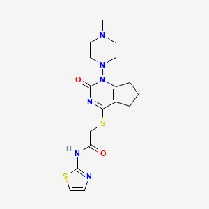molecular formula C17H22N6O2S2 B2537286 2-((1-(4-methylpiperazin-1-yl)-2-oxo-2,5,6,7-tetrahydro-1H-cyclopenta[d]pyrimidin-4-yl)thio)-N-(thiazol-2-yl)acetamide CAS No. 899992-98-4