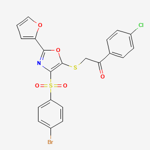 molecular formula C21H13BrClNO5S2 B2537290 2-((4-((4-溴苯基)磺酰基)-2-(呋喃-2-基)恶唑-5-基)硫代)-1-(4-氯苯基)乙酮 CAS No. 686738-40-9
