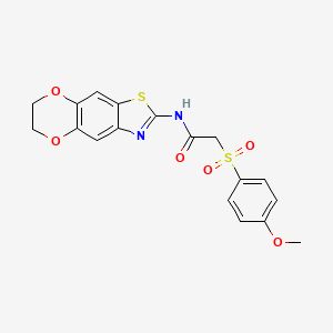 molecular formula C18H16N2O6S2 B2537297 N-(6,7-dihydro-[1,4]dioxino[2',3':4,5]benzo[1,2-d]thiazol-2-yl)-2-((4-methoxyphenyl)sulfonyl)acetamide CAS No. 941908-15-2