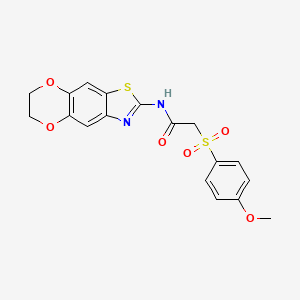 molecular formula C18H16N2O6S2 B2537297 N-(6,7-dihydro-[1,4]dioxino[2,3-f][1,3]benzothiazol-2-yl)-2-(4-methoxyphenyl)sulfonylacetamide CAS No. 941908-15-2