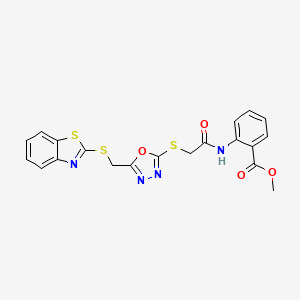 molecular formula C20H16N4O4S3 B2537329 Methyl 2-(2-((5-((benzo[d]thiazol-2-ylthio)methyl)-1,3,4-oxadiazol-2-yl)thio)acetamido)benzoate CAS No. 488135-24-6