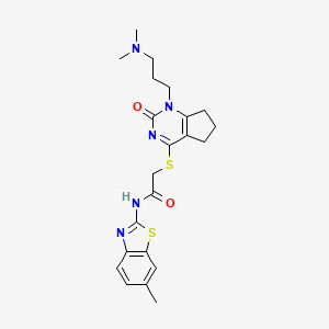 molecular formula C22H27N5O2S2 B2537346 2-((1-(3-(dimethylamino)propyl)-2-oxo-2,5,6,7-tetrahydro-1H-cyclopenta[d]pyrimidin-4-yl)thio)-N-(6-methylbenzo[d]thiazol-2-yl)acetamide CAS No. 898434-40-7