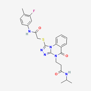 molecular formula C24H25FN6O3S B2537379 3-(1-((2-((3-氟-4-甲基苯基)氨基)-2-氧代乙基)硫)-5-氧代-[1,2,4]三唑并[4,3-a]喹唑啉-4(5H)-基)-N-异丙基丙酰胺 CAS No. 1112371-78-4