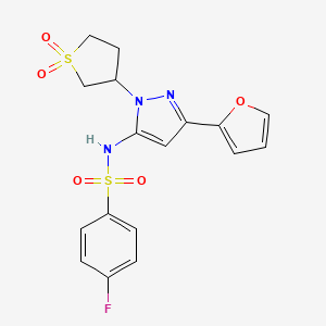 molecular formula C17H16FN3O5S2 B2537418 N-(1-(1,1-dioxidotetrahydrothiophen-3-yl)-3-(furan-2-yl)-1H-pyrazol-5-yl)-4-fluorobenzenesulfonamide CAS No. 1170097-86-5