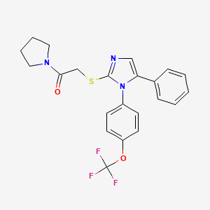 molecular formula C22H20F3N3O2S B2537436 2-((5-苯基-1-(4-(三氟甲氧基)苯基)-1H-咪唑-2-基)硫代)-1-(吡咯烷-1-基)乙酮 CAS No. 1226448-73-2