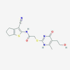 molecular formula C17H18N4O3S2 B253755 N-(3-cyano-5,6-dihydro-4H-cyclopenta[b]thiophen-2-yl)-2-[[5-(2-hydroxyethyl)-6-methyl-4-oxo-1H-pyrimidin-2-yl]sulfanyl]acetamide 