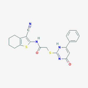 molecular formula C21H18N4O2S2 B253757 N-(3-cyano-4,5,6,7-tetrahydro-1-benzothiophen-2-yl)-2-[(4-oxo-6-phenyl-1H-pyrimidin-2-yl)sulfanyl]acetamide 