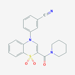 molecular formula C21H19N3O3S B2537624 3-[1,1-dioxido-2-(piperidin-1-ylcarbonyl)-4H-1,4-benzothiazin-4-yl]benzonitrile CAS No. 1251688-50-2