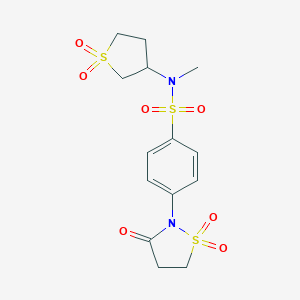 molecular formula C14H18N2O7S3 B253768 4-(1,1-dioxido-3-oxoisothiazolidin-2-yl)-N-(1,1-dioxidotetrahydro-3-thienyl)-N-methylbenzenesulfonamide 