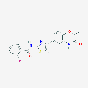 molecular formula C20H16FN3O3S B253772 2-fluoro-N-[5-methyl-4-(2-methyl-3-oxo-3,4-dihydro-2H-1,4-benzoxazin-6-yl)-1,3-thiazol-2-yl]benzamide 