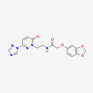 molecular formula C17H16N6O5 B2537725 2-(benzo[d][1,3]dioxol-5-yloxy)-N-(2-(6-oxo-3-(1H-1,2,4-triazol-1-yl)pyridazin-1(6H)-yl)ethyl)acetamide CAS No. 1448075-54-4