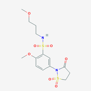 molecular formula C14H20N2O7S2 B253779 5-(1,1-dioxido-3-oxo-2-isothiazolidinyl)-2-methoxy-N-(3-methoxypropyl)benzenesulfonamide 