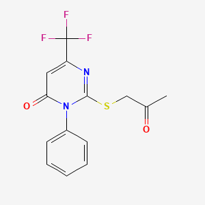 molecular formula C14H11F3N2O2S B2537846 2-[(2-oxopropyl)sulfanyl]-3-phenyl-6-(trifluoromethyl)-4(3H)-pyrimidinone CAS No. 866049-80-1