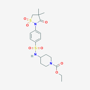 molecular formula C19H27N3O7S2 B253787 Ethyl 4-({[4-(4,4-dimethyl-1,1-dioxido-3-oxo-1,2-thiazolidin-2-yl)phenyl]sulfonyl}amino)piperidine-1-carboxylate 