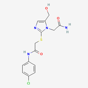 molecular formula C14H15ClN4O3S B2537884 2-((1-(2-氨基-2-氧代乙基)-5-(羟甲基)-1H-咪唑-2-基)硫代)-N-(4-氯苯基)乙酰胺 CAS No. 921886-00-2