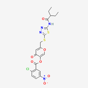 molecular formula C21H19ClN4O7S2 B2537921 6-(((5-(2-乙基丁酰胺)-1,3,4-噻二唑-2-基)硫代)甲基)-4-氧代-4H-吡喃-3-基 2-氯-5-硝基苯甲酸酯 CAS No. 877652-17-0