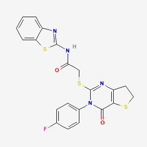 molecular formula C21H15FN4O2S3 B2537922 N-(benzo[d]thiazol-2-yl)-2-((3-(4-fluorophenyl)-4-oxo-3,4,6,7-tetrahydrothieno[3,2-d]pyrimidin-2-yl)thio)acetamide CAS No. 362501-62-0