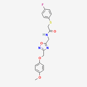 molecular formula C19H18FN3O4S B2537947 2-((4-fluorophenyl)thio)-N-((3-((4-methoxyphenoxy)methyl)-1,2,4-oxadiazol-5-yl)methyl)acetamide CAS No. 1226445-55-1