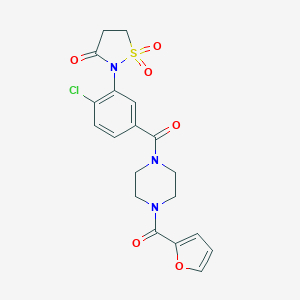 molecular formula C19H18ClN3O6S B253806 2-(2-Chloro-5-{[4-(2-furoyl)-1-piperazinyl]carbonyl}phenyl)-3-isothiazolidinone 1,1-dioxide 