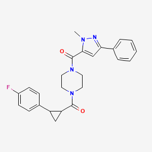 molecular formula C25H25FN4O2 B2538114 (4-(2-(4-fluorophenyl)cyclopropanecarbonyl)piperazin-1-yl)(1-methyl-3-phenyl-1H-pyrazol-5-yl)methanone CAS No. 1210836-79-5
