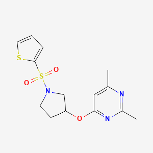 molecular formula C14H17N3O3S2 B2538129 2,4-Dimethyl-6-{[1-(thiophene-2-sulfonyl)pyrrolidin-3-yl]oxy}pyrimidine CAS No. 2097895-62-8