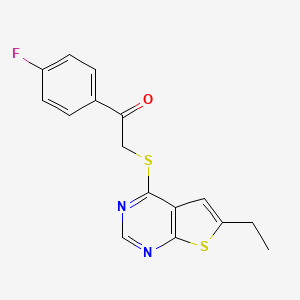 molecular formula C16H13FN2OS2 B2538136 2-((6-Ethylthieno[2,3-d]pyrimidin-4-yl)thio)-1-(4-fluorophenyl)ethanone CAS No. 421578-41-8