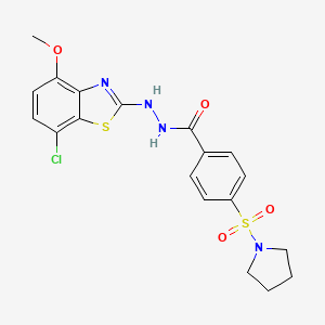 molecular formula C19H19ClN4O4S2 B2538185 N'-(7-chloro-4-methoxybenzo[d]thiazol-2-yl)-4-(pyrrolidin-1-ylsulfonyl)benzohydrazide CAS No. 922620-43-7