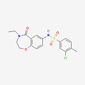 molecular formula C18H19ClN2O4S B2538221 3-chloro-N-(4-ethyl-5-oxo-2,3,4,5-tetrahydrobenzo[f][1,4]oxazepin-7-yl)-4-methylbenzenesulfonamide CAS No. 922062-64-4