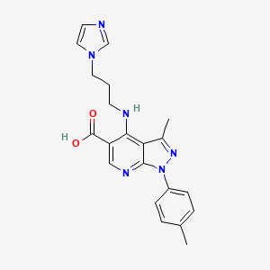 molecular formula C21H22N6O2 B2538234 4-{[3-(1H-咪唑-1-基)丙基]氨基}-3-甲基-1-(4-甲基苯基)-1H-吡唑并[3,4-b]吡啶-5-甲酸 CAS No. 866040-31-5