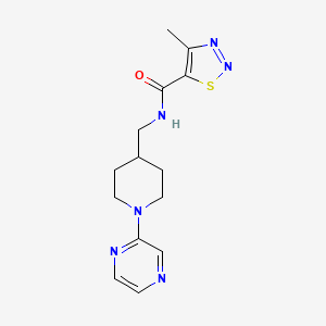 molecular formula C14H18N6OS B2538306 4-methyl-N-((1-(pyrazin-2-yl)piperidin-4-yl)methyl)-1,2,3-thiadiazole-5-carboxamide CAS No. 1396867-40-5