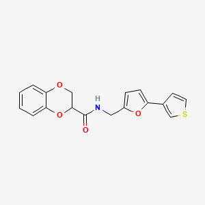 molecular formula C18H15NO4S B2538308 N-((5-(thiophen-3-yl)furan-2-yl)methyl)-2,3-dihydrobenzo[b][1,4]dioxine-2-carboxamide CAS No. 2034254-21-0