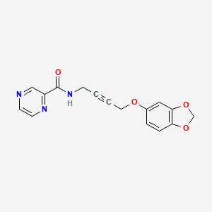 molecular formula C16H13N3O4 B2538338 N-(4-(benzo[d][1,3]dioxol-5-yloxy)but-2-yn-1-yl)pyrazine-2-carboxamide CAS No. 1448064-33-2