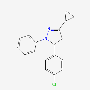molecular formula C18H17ClN2 B2538339 5-(4-chlorophenyl)-3-cyclopropyl-1-phenyl-4,5-dihydro-1H-pyrazole CAS No. 303091-42-1