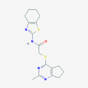 molecular formula C17H20N4OS2 B253834 2-[(2-methyl-6,7-dihydro-5H-cyclopenta[d]pyrimidin-4-yl)thio]-N-(4,5,6,7-tetrahydro-1,3-benzothiazol-2-yl)acetamide 