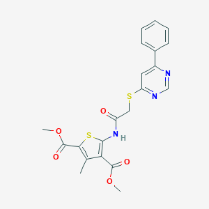 molecular formula C21H19N3O5S2 B253835 Dimethyl 3-methyl-5-({[(6-phenyl-4-pyrimidinyl)sulfanyl]acetyl}amino)-2,4-thiophenedicarboxylate 