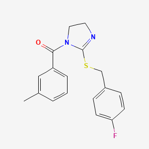 molecular formula C18H17FN2OS B2538445 (2-((4-fluorobenzyl)thio)-4,5-dihydro-1H-imidazol-1-yl)(m-tolyl)methanone CAS No. 851865-55-9