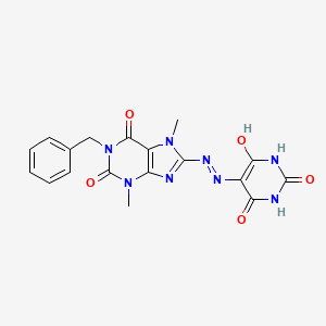 molecular formula C18H16N8O5 B2538465 5-(2-(1-benzyl-3,7-dimethyl-2,6-dioxo-2,3,6,7-tetrahydro-1H-purin-8-yl)hydrazono)pyrimidine-2,4,6(1H,3H,5H)-trione CAS No. 847846-21-3