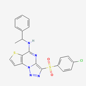 molecular formula C21H16ClN5O2S2 B2538466 3-((4-chlorophenyl)sulfonyl)-N-(1-phenylethyl)thieno[2,3-e][1,2,3]triazolo[1,5-a]pyrimidin-5-amine CAS No. 892737-34-7