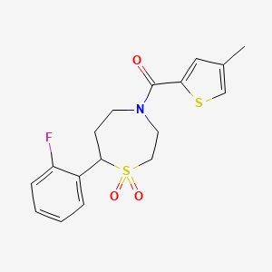 molecular formula C17H18FNO3S2 B2538471 (7-(2-Fluorophenyl)-1,1-dioxido-1,4-thiazepan-4-yl)(4-methylthiophen-2-yl)methanone CAS No. 2034384-07-9