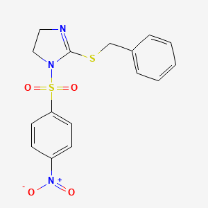 molecular formula C16H15N3O4S2 B2538502 2-Benzylsulfanyl-1-(4-nitrophenyl)sulfonyl-4,5-dihydroimidazole CAS No. 868216-65-3
